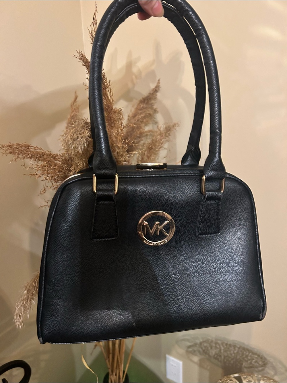 MK-inspired Black Leather Satchel with Gold Accents